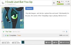 Size: 877x554 | Tagged: safe, imported from derpibooru, screencap, queen chrysalis, changeling, changeling queen, fanfic, female, fimfiction, link, solo, text