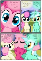 Size: 1741x2500 | Tagged: safe, artist:pyruvate, imported from derpibooru, bon bon, lyra heartstrings, pinkie pie, sweetie drops, earth pony, pony, unicorn, comic:the usual, bon bon is not amused, comic, happy, in which pinkie pie forgets how to gravity, pinkie being pinkie, pinkie physics