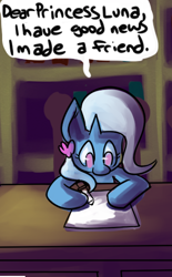 Size: 307x494 | Tagged: safe, artist:fauxsquared, imported from derpibooru, trixie, pony, unicorn, comic, female, letter, mare, solo, table, trixie is magic, writing