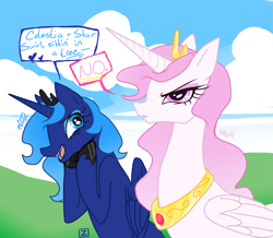 Size: 1901x1658 | Tagged: safe, artist:vita-ex-machina, imported from derpibooru, princess celestia, princess luna, dialogue, pink-mane celestia, shipper on deck, singing, teasing, unamused, younger