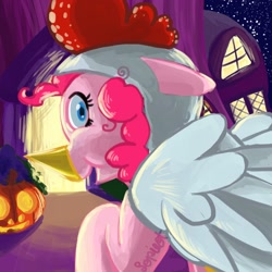 Size: 1600x1600 | Tagged: safe, artist:lopilot, imported from derpibooru, pinkie pie, chicken suit, clothes, costume, door, female, nightmare night, solo