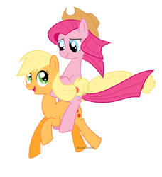 Size: 959x1051 | Tagged: safe, artist:zilkenian, imported from derpibooru, applejack, pinkie pie, happy, hat, pinkamena diane pie, pinkie pie riding applejack, ponies riding ponies, riding