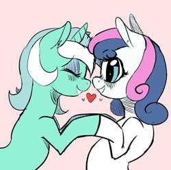 Size: 714x712 | Tagged: safe, artist:mewball, imported from derpibooru, bon bon, lyra heartstrings, sweetie drops, colored, female, heart, lesbian, lyrabon, shipping