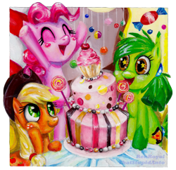 Size: 1776x1719 | Tagged: safe, artist:antych, artist:renroyal, imported from derpibooru, applejack, pinkie pie, oc, oc:anto, cake, candy, cherry, collaboration, cupcake, happy, lollipop, traditional art