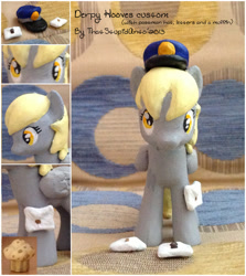 Size: 800x895 | Tagged: safe, artist:antych, imported from derpibooru, derpy hooves, pegasus, pony, brushable, custom, customized toy, female, figure, hat, irl, letter, mail, mailmare, mailpony, mare, muffin, photo, solo, toy