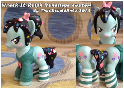 Size: 800x575 | Tagged: safe, artist:antych, imported from derpibooru, blushing, brushable, clothes, custom, customized toy, hoodie, irl, photo, ponified, socks, striped socks, sugar rush, toy, vanellope von schweetz, wreck-it ralph