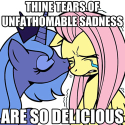 Size: 473x473 | Tagged: safe, artist:megasweet, edit, imported from derpibooru, fluttershy, princess luna, crying, eyes closed, licking, reaction image, s1 luna, sad, scott tenorman must die, shuddering, simple background, south park, white background, ye olde butcherede englishe, your tears are delicious
