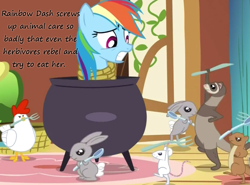 Size: 747x554 | Tagged: safe, edit, edited screencap, imported from derpibooru, screencap, rainbow dash, bird, chicken, pegasus, pony, rabbit, magical mystery cure, animal, caption, cauldron, female, implied vore, insane pony thread, mare, peril, person as food, pony as food, rope, tied up