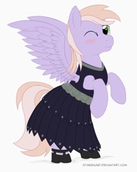 Size: 800x1000 | Tagged: safe, artist:stinkehund, imported from derpibooru, oc, oc only, oc:lavender, pegasus, pony, clothes, crossdressing, dress, high heels, male, shoes, skirt, solo