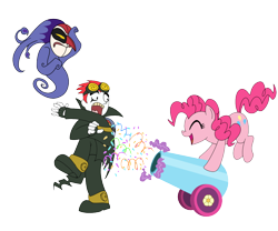 Size: 1200x1000 | Tagged: safe, artist:madmax, imported from derpibooru, pinkie pie, earth pony, human, pony, cannon, crossover, eyes closed, facepalm, fingerless gloves, goggles, jack spicer, open mouth, pants, partillery, party cannon, scared, simple background, surprised, transparent background, wuya, xiaolin showdown