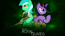 Size: 900x506 | Tagged: safe, artist:rainbowb4sh, imported from derpibooru, lyra heartstrings, twilight sparkle, duo, gun