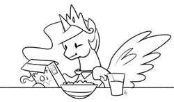 Size: 758x447 | Tagged: safe, artist:egophiliac, imported from derpibooru, princess celestia, cereal, eating, female, food, monochrome, solo, spoon