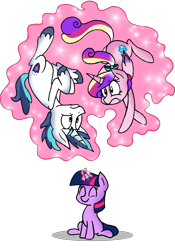 Size: 1345x1919 | Tagged: dead source, safe, artist:strangiesleepy, imported from derpibooru, princess cadance, shining armor, twilight sparkle, filly, magic