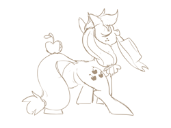 Size: 900x675 | Tagged: safe, artist:sion, imported from derpibooru, applejack, apple, balancing, butt, dock, eyes closed, featureless crotch, female, grayscale, monochrome, mouth hold, obligatory apple, pixiv, plot, smiling, solo