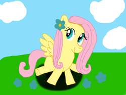 Size: 1024x768 | Tagged: safe, imported from derpibooru, fluttershy, pegasus, pony, female, flower, flower in hair, mare, sitting, smiling, solo