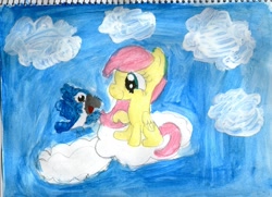 Size: 1024x742 | Tagged: safe, imported from derpibooru, fluttershy, bird, cloud, filly, flying, folded wings, full body, happy, on a cloud, raised hoof, side view, sitting, sitting on a cloud, sky, smiling, traditional art, wings