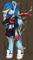 Size: 1376x2508 | Tagged: safe, artist:facerenon, imported from derpibooru, rainbow dash, semi-anthro, clothes, crossover, erica mendez, female, kill la kill, ryuko matoi, senketsu, solo, voice actor joke