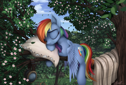 Size: 2000x1350 | Tagged: safe, artist:yakovlev-vad, imported from derpibooru, rainbow dash, pegasus, pony, blanket, cute, dashabetes, epic, eyes closed, female, goggles, leaves, mare, pillow, sleeping, smiling, solo, tree