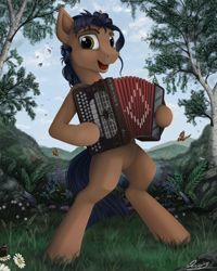 Size: 1600x2000 | Tagged: safe, artist:yakovlev-vad, imported from derpibooru, oc, oc only, oc:arny nilson, pony, accordion, bipedal, musical instrument, open mouth, russia, russian, solo
