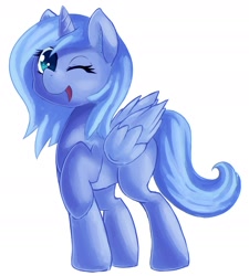 Size: 1280x1422 | Tagged: safe, artist:zokkili, imported from derpibooru, princess luna, alicorn, pony, female, raised hoof, s1 luna, simple background, solo, white background, wink