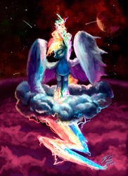 Size: 900x1233 | Tagged: safe, artist:tsitra360, imported from derpibooru, rainbow dash, pegasus, pony, cloud, cloudy, color porn, electricity, female, lightning, moon, shooting star, solo, space, spread wings, surreal