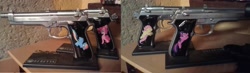 Size: 3928x1154 | Tagged: safe, imported from derpibooru, fluttershy, pinkie pie, rainbow dash, twilight sparkle, airsoft, beretta, custom, customized toy, gun, gunified, irl, my little arsenal, photo, pistol, weapon