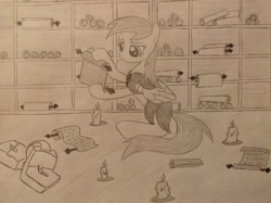 Size: 1024x765 | Tagged: safe, artist:sapphirereverie, imported from derpibooru, sunshower raindrops, candle, clothes, female, scroll, solo, traditional art