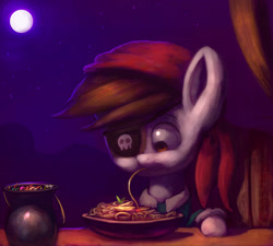 Size: 1024x922 | Tagged: safe, artist:grissaecrim, artist:raikoh, imported from derpibooru, pipsqueak, detailed, eating, male, moon, night, pipsqueak eating spaghetti, sky, solo, spaghetti, squeakabetes, stars