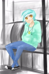 Size: 2272x3376 | Tagged: safe, artist:tao-mell, imported from derpibooru, lyra heartstrings, human, clothes, female, hoodie, humanized, smiling, solo