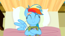 Size: 853x480 | Tagged: safe, imported from derpibooru, screencap, rainbow dash, read it and weep, animated, bed, book, feather, female, hospital bed, lidded eyes, on back, overhead view, shocked, shrunken pupils, solo, wavy mouth