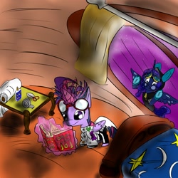 Size: 894x894 | Tagged: safe, artist:ninrhusajha, imported from derpibooru, princess luna, twilight sparkle, alicorn, pony, adorkable, book, clothes, costume, cute, dork, glue, goggles, magic, nightmare night, reading, scientist, scissors, stalker, table, tape, telekinesis, twilight sparkle (alicorn), window