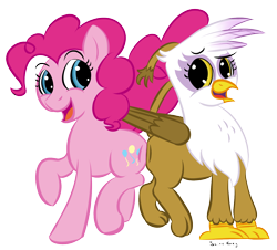 Size: 1500x1354 | Tagged: safe, artist:saine grey, imported from derpibooru, gilda, pinkie pie, griffon, color, duo, simple background, transparent background