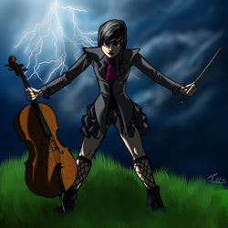 Size: 2400x2400 | Tagged: safe, artist:drizziedoodles, imported from derpibooru, octavia melody, human, badass, cello, female, humanized, lightning, musical instrument, solo