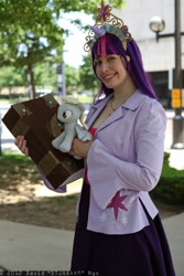 Size: 1365x2048 | Tagged: safe, artist:mandyneko, imported from derpibooru, derpy hooves, twilight sparkle, human, 2012, a-kon, big crown thingy, book, convention, cosplay, elements of harmony, irl, irl human, photo, plushie, solo