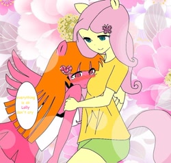 Size: 868x825 | Tagged: safe, artist:lolly <3, imported from derpibooru, fluttershy, oc, alicorn, anthro, butterfly, pegasus, alicorn oc, ambiguous facial structure, anime, blushing, comic, crying, elements of harmony, flower, heart, hug