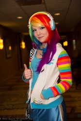 Size: 1365x2048 | Tagged: artist needed, safe, artist:dtjaaaam, imported from derpibooru, rainbow dash, human, 2013, anime los angeles, clothes, cosplay, headphones, irl, irl human, jacket, photo, solo