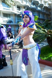 Size: 1365x2048 | Tagged: safe, artist:blakstarr, imported from derpibooru, rarity, human, 2013, anime los angeles, belly button, belly piercing, bellyring, cosplay, irl, irl human, photo, piercing, sword, weapon