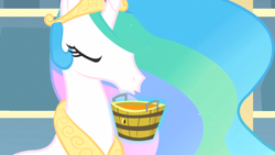 Size: 1914x1080 | Tagged: safe, edit, imported from derpibooru, screencap, princess celestia, a bird in the hoof, bucket, female, solo, sugarcube corner