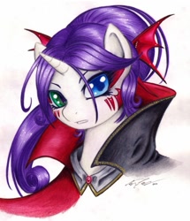 Size: 900x1045 | Tagged: safe, artist:lavosvsbahamut, imported from derpibooru, rarity, alternate hairstyle, cape, clothes, female, heterochromia, solo, traditional art