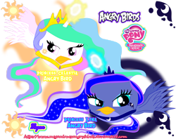 Size: 1004x796 | Tagged: dead source, safe, artist:meganlovesangrybirds, imported from derpibooru, princess celestia, princess luna, bird, angry birds, birdified, horn, horned bird, species swap