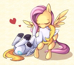 Size: 1000x881 | Tagged: safe, artist:grasspainter, imported from derpibooru, fluttershy, oc, pegasus, pony, blue shield, blushing, canon x oc, head on lap, kiss on the lips, kissing, on back, shipping