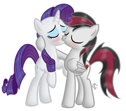 Size: 1000x879 | Tagged: safe, artist:vingamena, deleted from derpibooru, imported from derpibooru, rarity, oc, oc:roraty, pony, blushing, canon x oc, kissing, shipping, simple background, transparent background