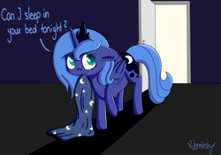 Size: 5000x3500 | Tagged: safe, artist:verminshy, imported from derpibooru, princess luna, blanket, bronybait, caption, female, filly, solo, woona, younger