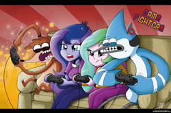 Size: 1779x1176 | Tagged: safe, artist:the-butch-x, imported from derpibooru, princess celestia, princess luna, gamer luna, equestria girls, controller, crossover, mordecai, mordecai and rigby, principal celestia, regular show, rigby, vice principal luna