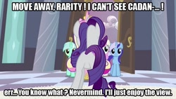 Size: 640x360 | Tagged: safe, edit, edited screencap, imported from derpibooru, screencap, princess cadance, rarity, back, butt, image macro, plot