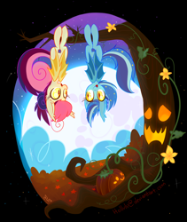 Size: 912x1081 | Tagged: safe, artist:meekcheep, imported from derpibooru, oc, oc only, oc:star struck, bat pony, pony, behaving like a bat, halloween, holiday, jack-o-lantern, moon, pumpkin, stars, tree, upside down