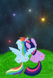 Size: 1024x1479 | Tagged: safe, artist:intet22, imported from derpibooru, rainbow dash, twilight sparkle, female, hill, lesbian, night, shipping, stars, twidash