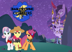 Size: 5024x3667 | Tagged: safe, artist:astringe, imported from derpibooru, apple bloom, scootaloo, sweetie belle, twilight sparkle, armor, bad future, bad future crusaders (fic), broken goggles, canterlot, curved horn, darth twilight, evil, evil twilight, eyepatch, eyeshadow, fanfic, fanfic art, goggles, gun, horn, makeup, messy mane, older, scar, slit eyes, slit pupils, sombra horn, sombra's horn, title card, twilight is anakin, tyrant sparkle