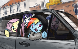 Size: 800x501 | Tagged: safe, artist:king-kakapo, imported from derpibooru, fluttershy, rainbow dash, rarity, twilight sparkle, pegasus, pony, unicorn, ambiguous race, car, clothes, golf, hoodie, ponified, volkswagen, volkswagen golf