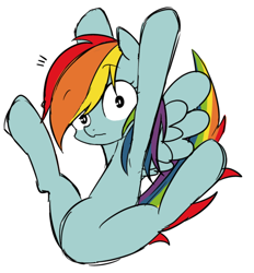 Size: 748x806 | Tagged: safe, artist:umeguru, artist:うめぐる, imported from derpibooru, rainbow dash, pegasus, pony, featureless crotch, female, mare, solo, stretching, surprised, wide eyes